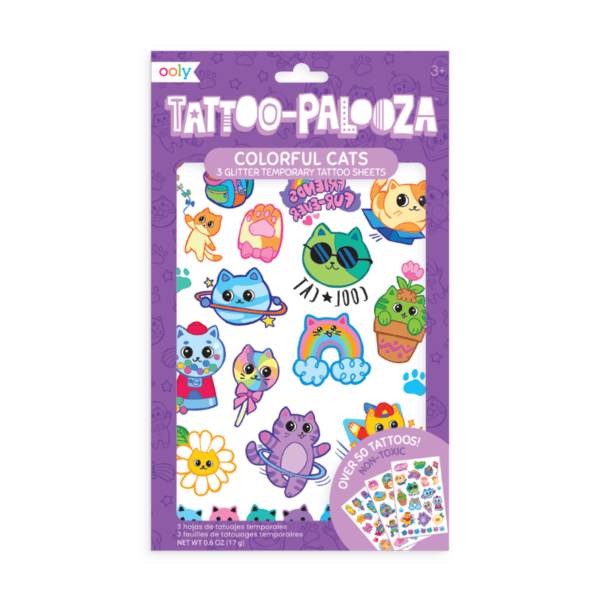 Colorful cat-themed temporary tattoos for kids.