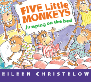 Five monkeys jumping on a bed, book cover.