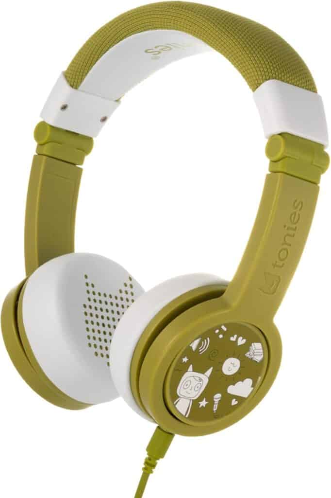 Green and white children's headphones with illustrations.