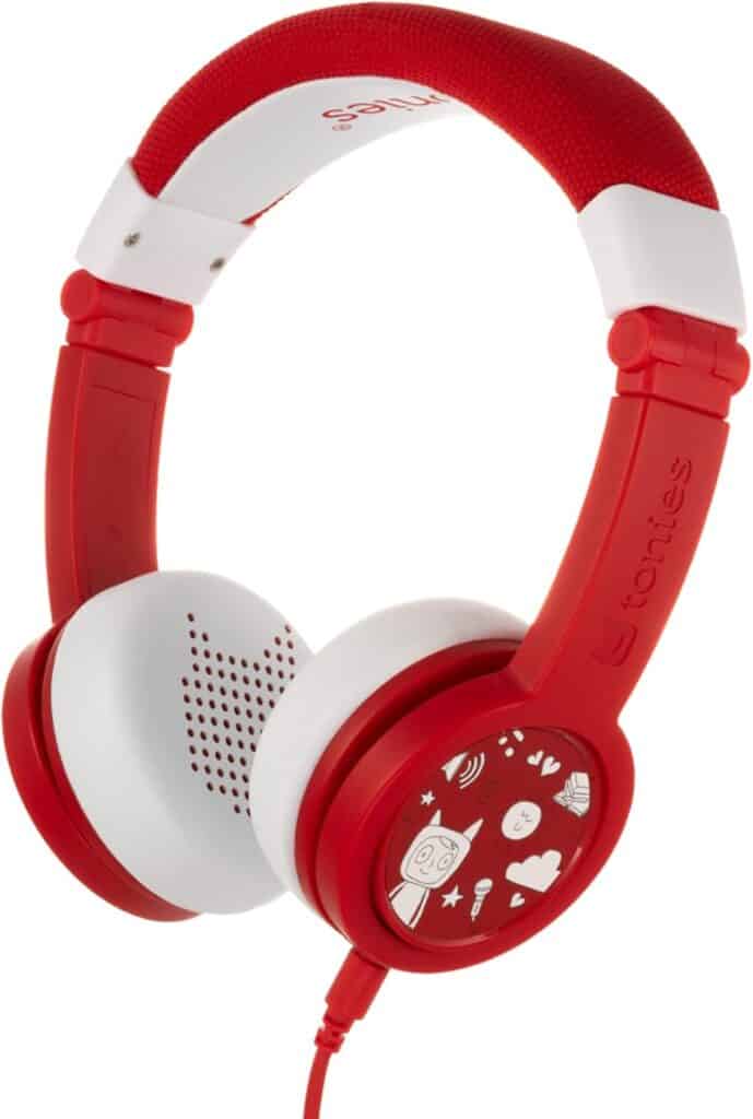 Red and white children's headphones with playful designs.