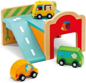 Colorful wooden toy cars with ramp playset.