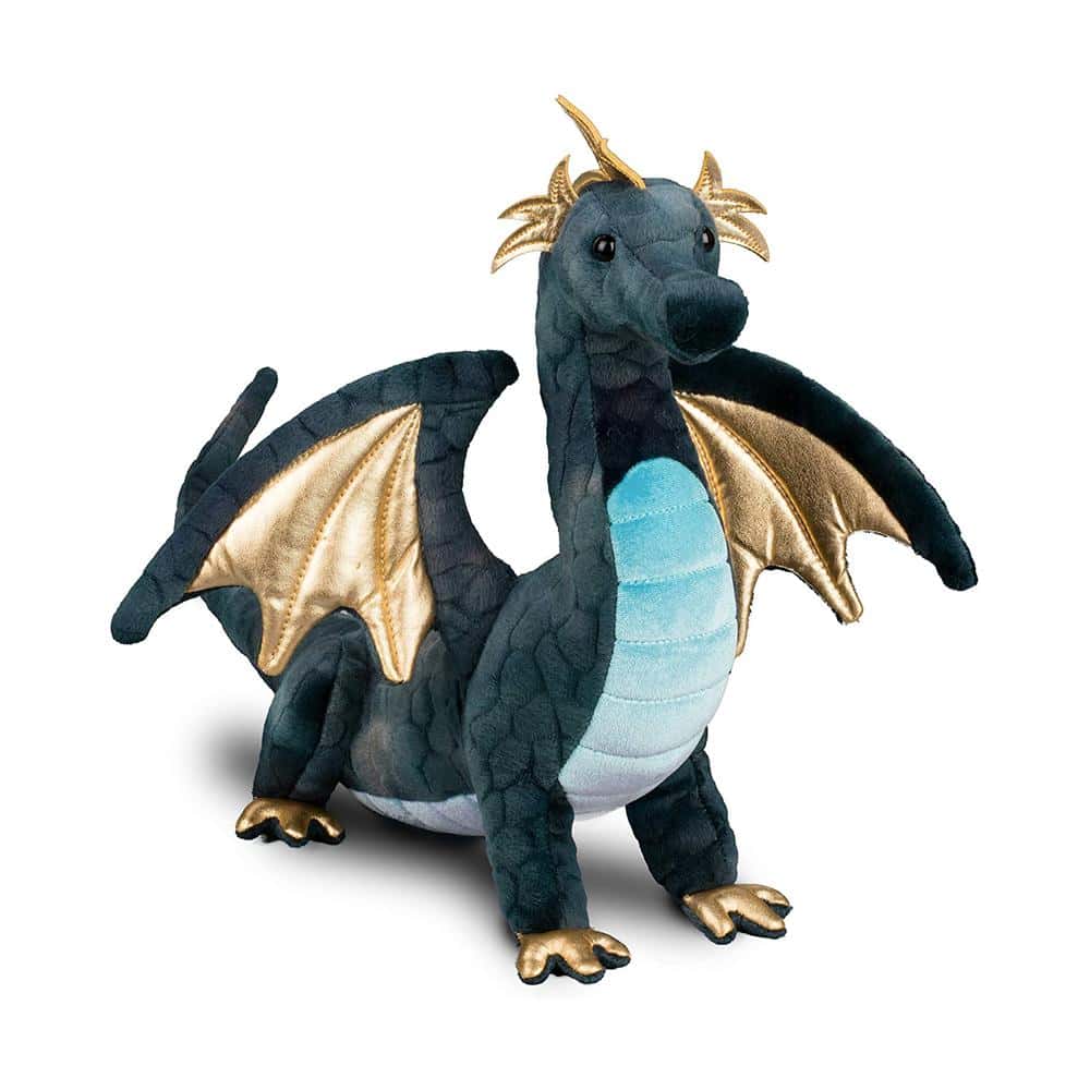 Plush dragon toy with golden wings.