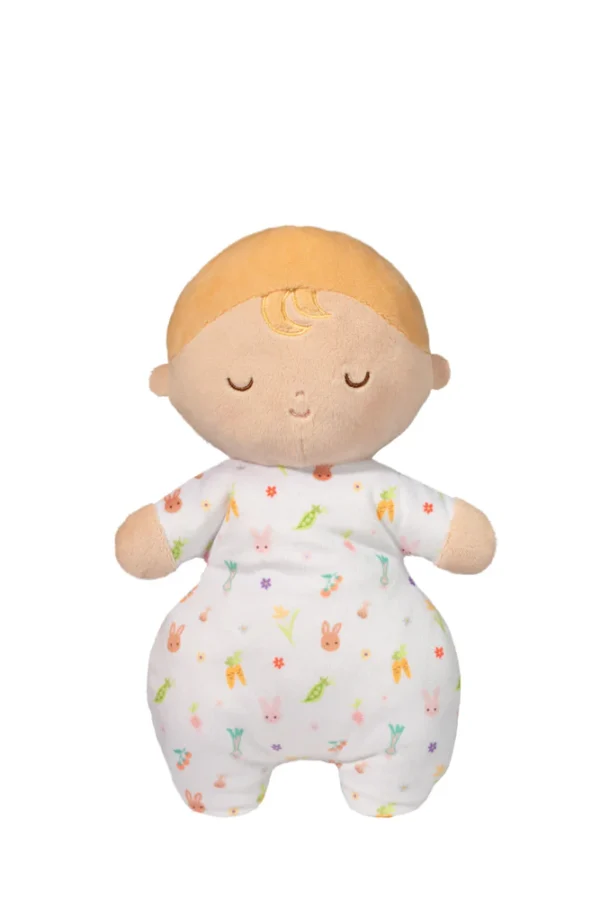 Cute plush baby doll with bunny print pajamas