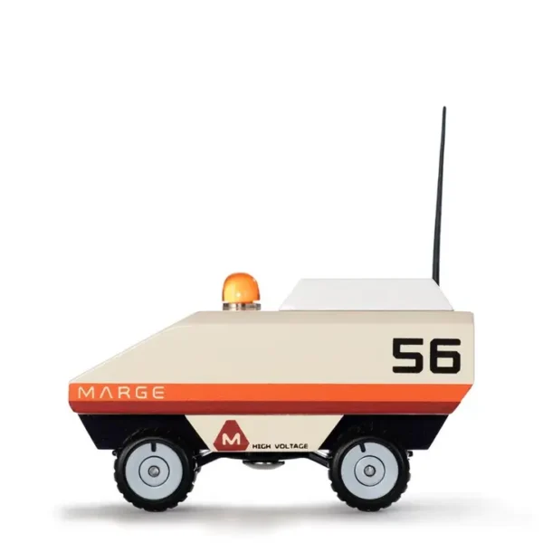 Retro-style toy robot with wheels and antenna