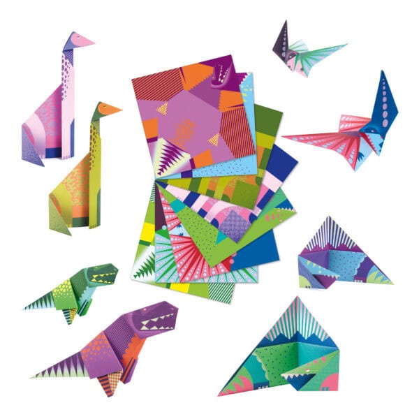 Colorful origami dinosaurs and patterned paper sheets