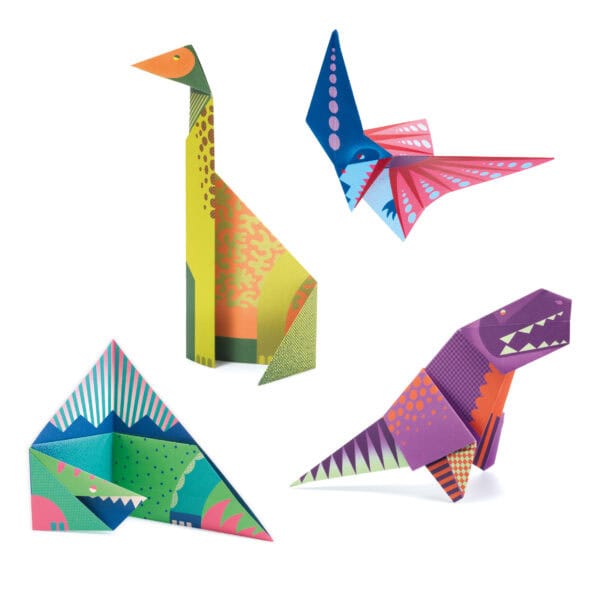 Colorful origami dinosaurs and prehistoric creatures.