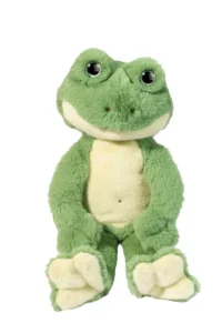 Green stuffed frog toy sitting upright