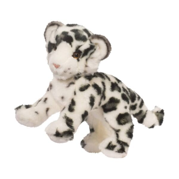 Snow leopard plush toy on white background.