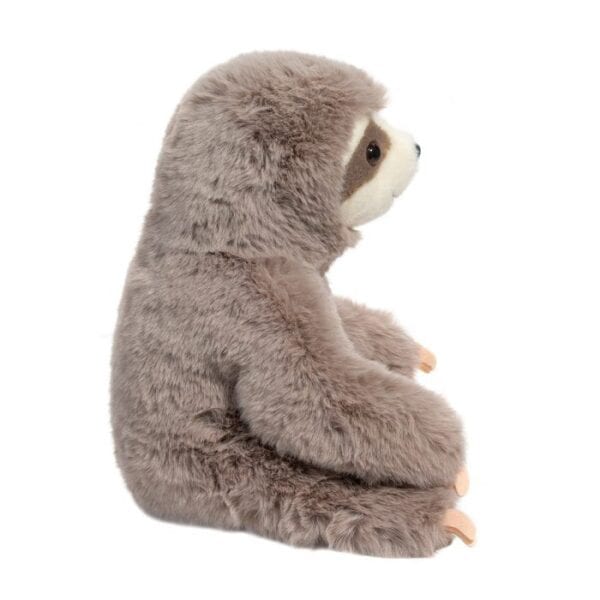 Plush sloth toy sitting upright on white background.