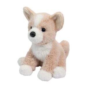 Fluffy stuffed dog toy with white and tan fur.