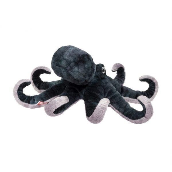 Soft black octopus plush toy with curly tentacles.
