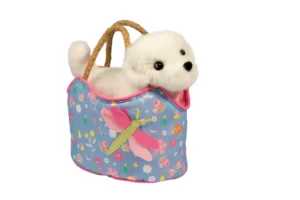 Plush dog in floral-patterned bag