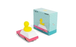 Toy car with yellow duck on top.