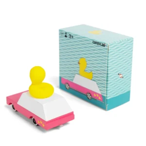 Toy car with yellow duck on top.