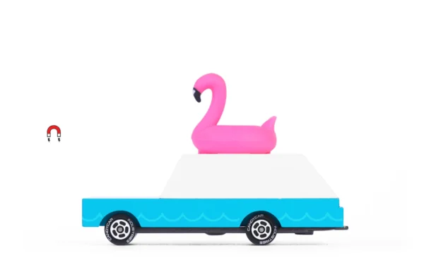 Toy car with pink flamingo float.
