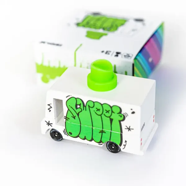 Graffiti toy car with green top, colorful packaging.