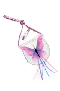 Purple butterfly purse with pink metallic strap.