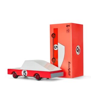 Red toy race car with number five.