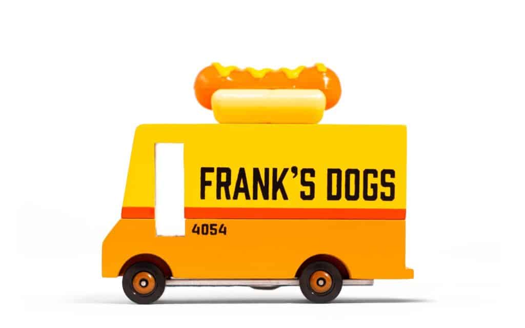 Toy hot dog truck with Frank's Dogs sign.