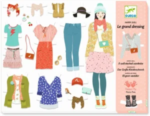 Paper doll with wardrobe and accessories.