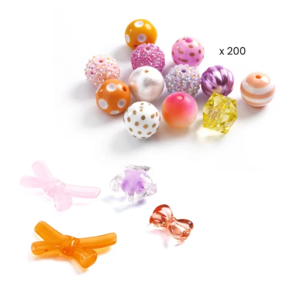 Colorful assorted beads and bows for crafts.