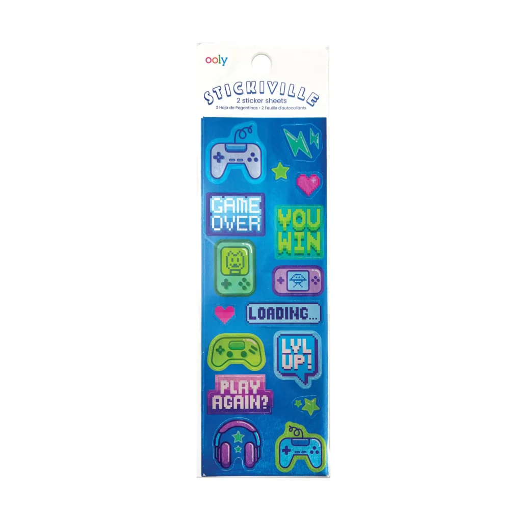 Gaming-themed sticker sheets with controllers and symbols.