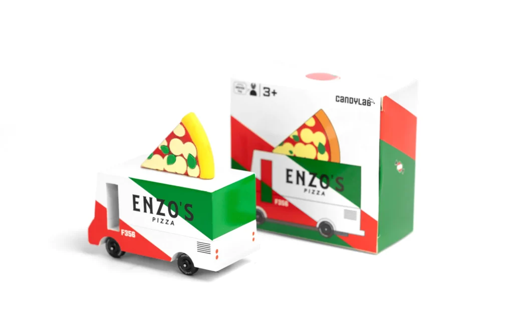 Toy pizza truck with Enzo's branding.