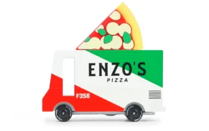 Toy pizza truck with pizza slice on top.