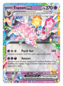 Espeon ex Pokémon card, colorful and powerful moves.