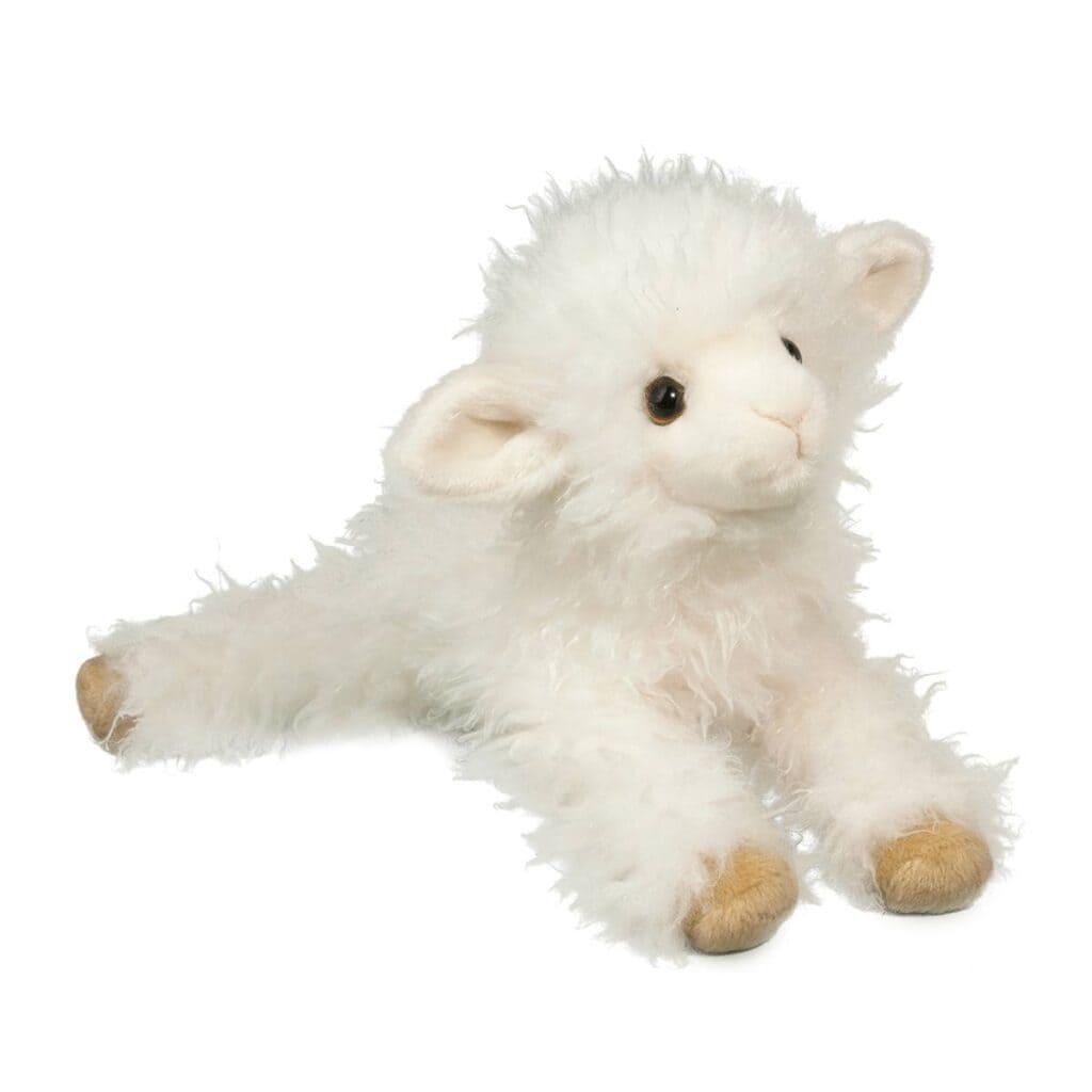 Fluffy white plush lamb toy on white background.