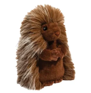 Fluffy brown porcupine plush toy standing upright.