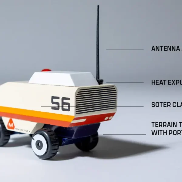 Toy rover vehicle with antenna and labels