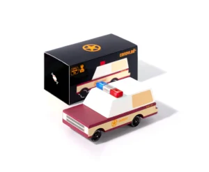 Wooden toy police car with box packaging.