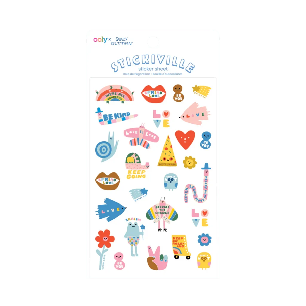 Colorful sticker sheet with positive messages and designs.