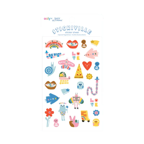 Colorful sticker sheet with positive messages and designs.