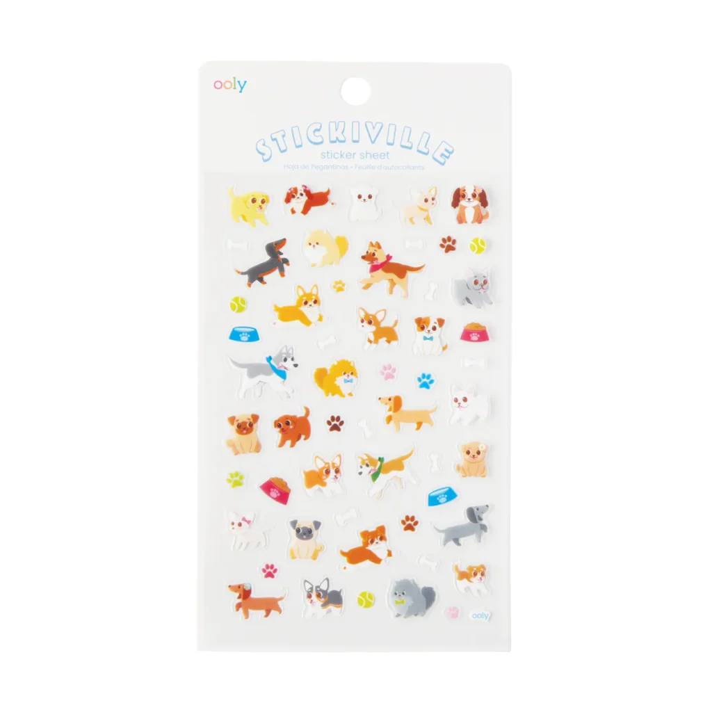 Colorful dog stickers with toys and paw prints.