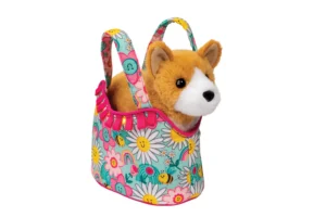 Plush dog in colorful floral bag