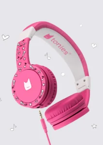 Pink children's headphones with musical notes design.