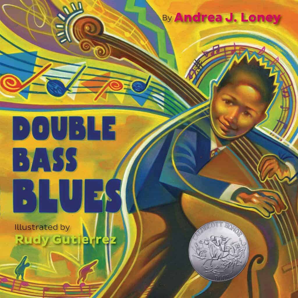 Colorful illustration of a boy playing double bass.