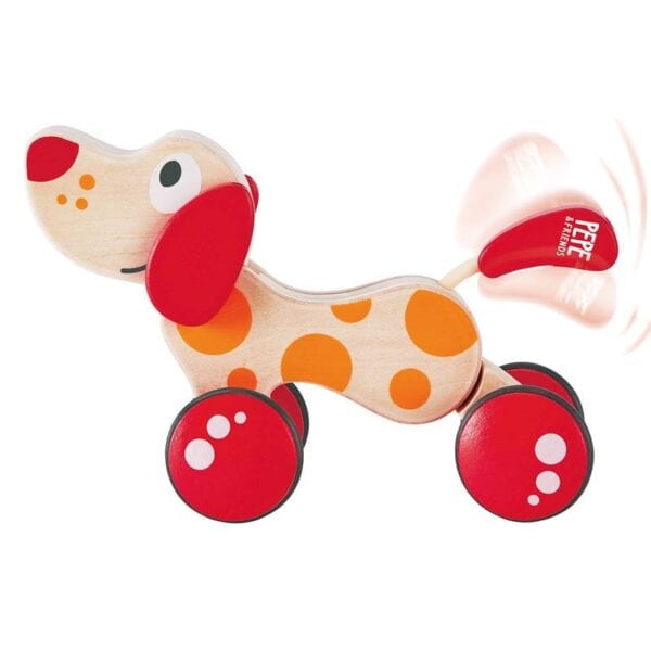 Colorful wooden dog toy with wheels and wobbly tail.