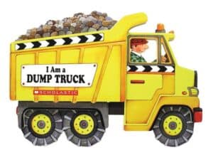 Illustrated yellow dump truck with driver inside.