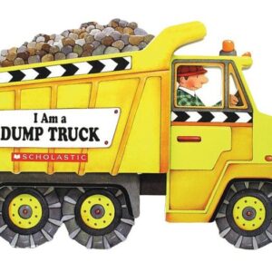 Illustrated yellow dump truck with driver inside.