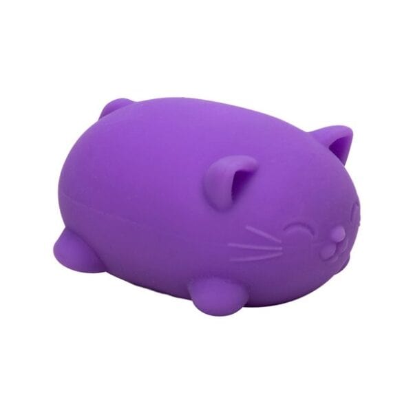 Purple cat-shaped squishy toy with ears and whiskers.