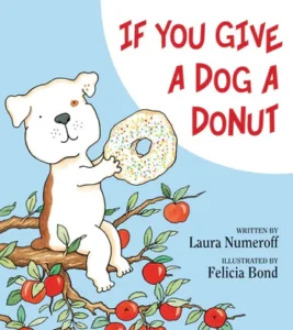 Dog holding donut on book cover illustration.