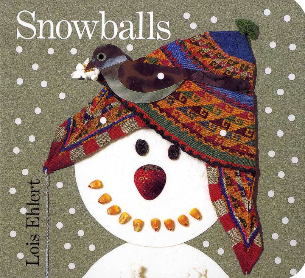 Snowman with bird on colorful hat.