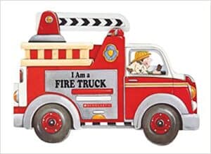 Illustrated fire truck book with puppy and firefighter