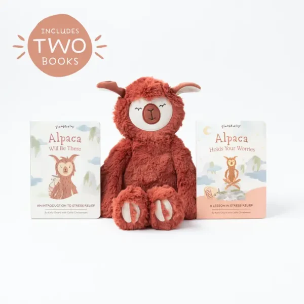 Stuffed alpaca toy with two children's books.