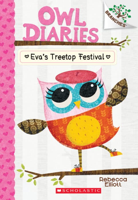 Colorful owl on book cover: Eva's Treetop Festival.
