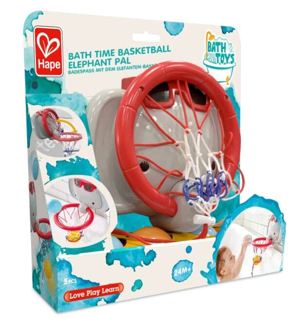 Elephant-shaped bath basketball toy for toddlers.