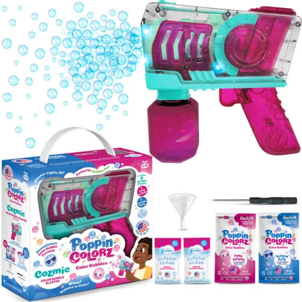 Colorful bubble gun toy with refills for kids.